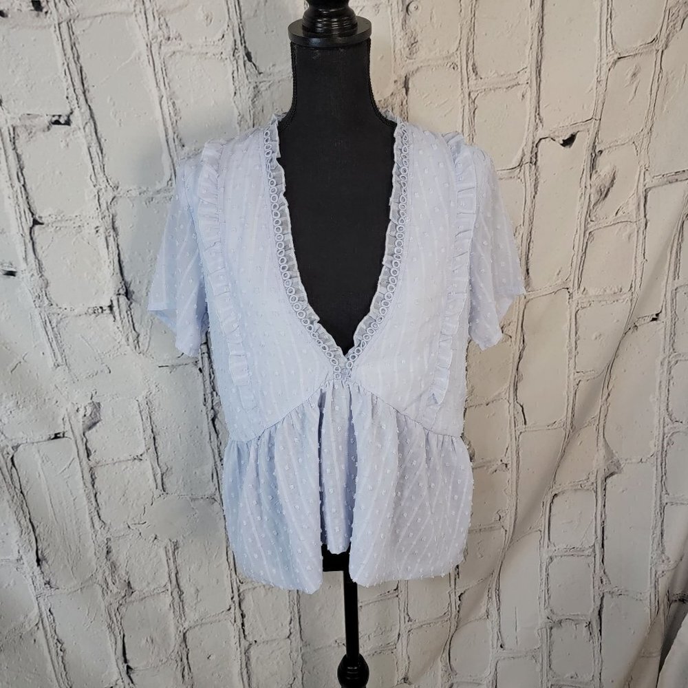 LIGHT Baby Blue Ruffled Deep V Neck Cropped Swiss Dot Babydoll Blouse Juniors M